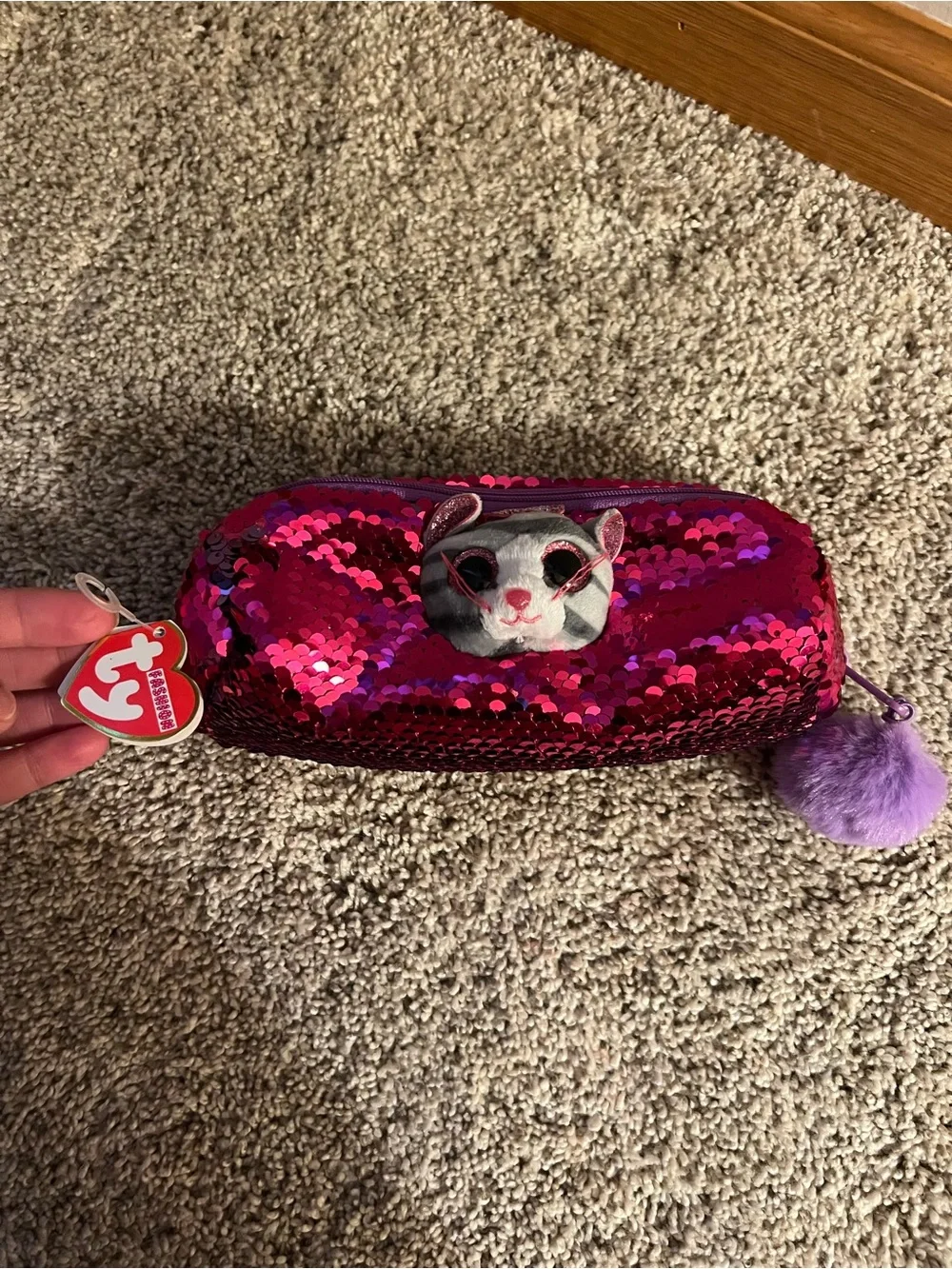 Ty Pink Sequin Small Pets Plush Pencil Case with Purple Pom